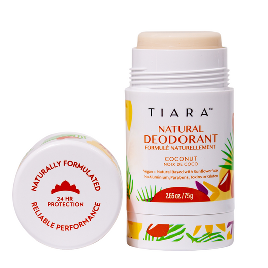 TIARA NATURAL DEODORANT COCONUT OPENED SHOWING THE PRODUCT INSIDE ITS SUSTAINABLE PLASTIC #5  PACKAGING. Natural Deodorant Aluminum and Gluten - Free - Vegan