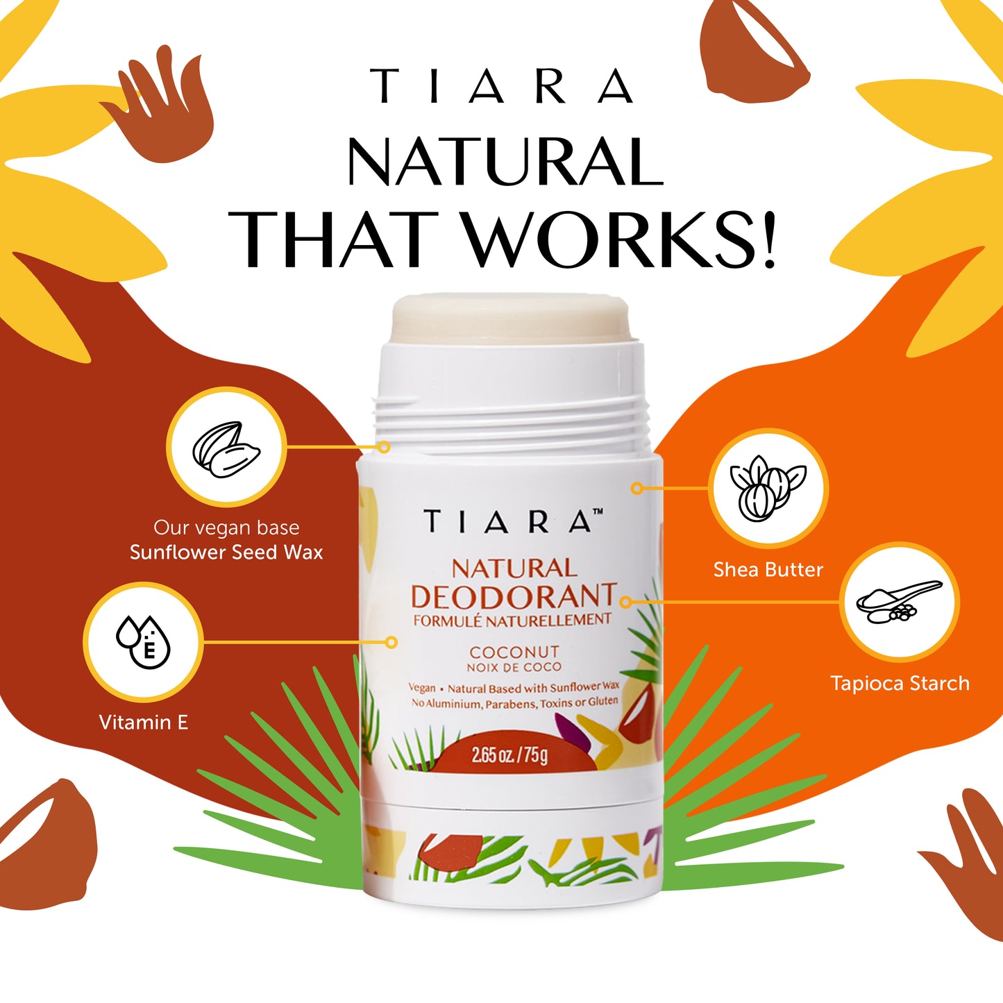 TIARA Natural Deodorant Aluminum and Gluten - Free - Vegan  14 natural ingredients that work. Safe for your skin, free of parabens. 