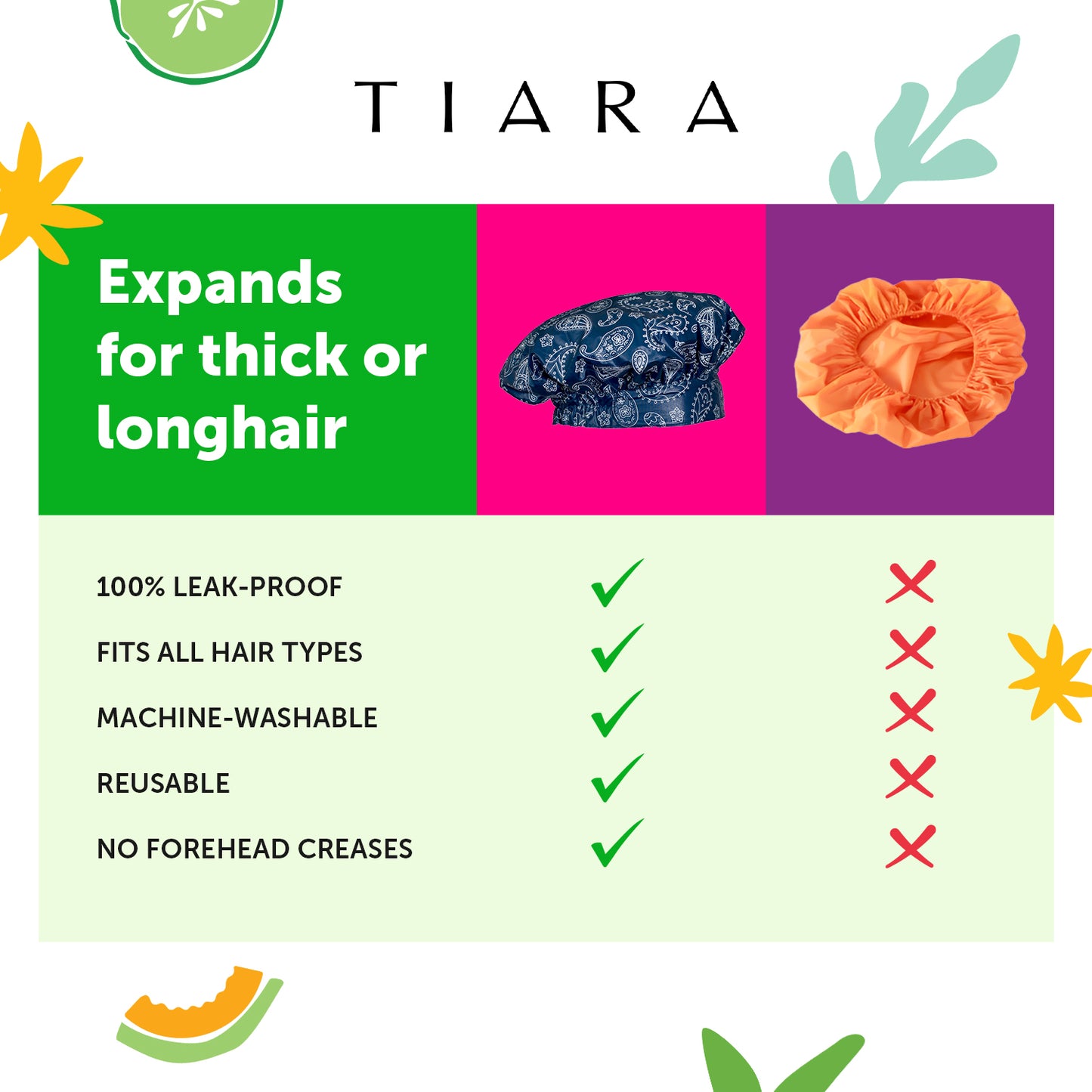 COMPARISON CHART BETWEEN TRADITIONAL SHOWER CAPS AND TIARA SHOWER CAP