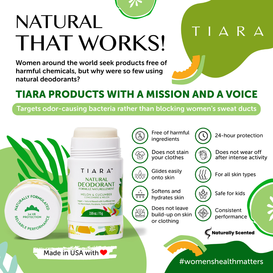 NATURAL THAT WORKS TIARA NATURAL DEODORANT MELON AND CUCUMBER. BENEFITS OF DEODORANT MELON AND CUCUMBER - TALC FREE, SULFATE FREE, GLUTEN FREE, PARABEN FREE, MINERAL OIL FREE, ALUMINIUM FREE, PETROLATUM FREE, FORMALDEHYDE FREE, 100% VEGAN, CRUELTY FREE. THERE IS A CIRCLE ON TOP THAT SAYS 24 HOUR PROTECTION - RELIABLE PERFORMANCE - THE TITLE OF THE GRAPHIC IS: NATURAL THAT WORKS! NO ALUMINIUM, PARABENS, TOXINS OR GLUTEN.