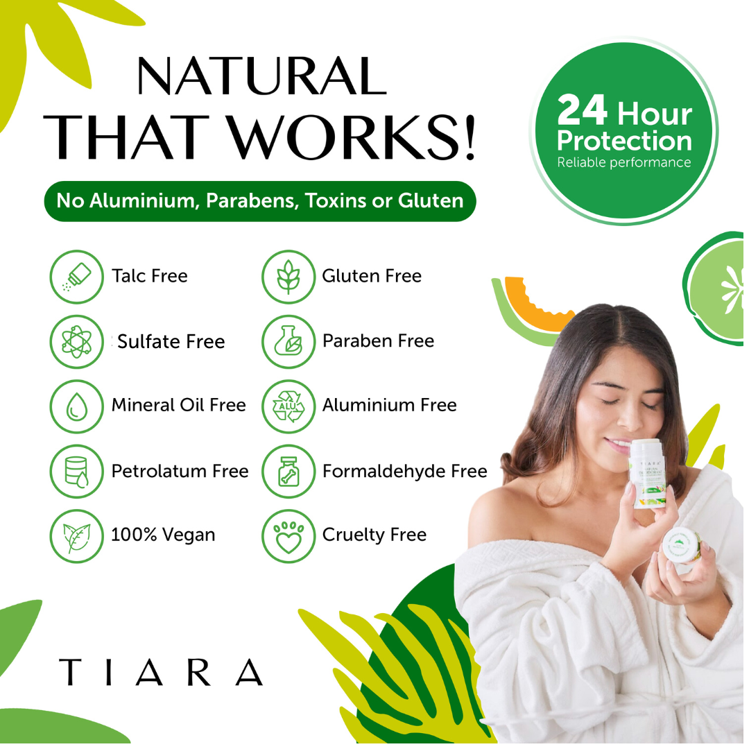  BENEFITS OF DEODORANT MELON AND CUCUMBER - TALC FREE, SULFATE FREE, GLUTEN FREE, PARABEN FREE, MINERAL OIL FREE, ALUMINIUM FREE, PETROLATUM FREE, FORMALDEHYDE FREE, 100% VEGAN, CRUELTY FREE. THERE IS A CIRCLE ON TOP THAT SAYS 24 HOUR PROTECTION - RELIABLE PERFORMANCE - THE TITLE OF THE GRAPHIC IS: NATURAL THAT WORKS! NO ALUMINIUM, PARABENS, TOXINS OR GLUTEN. 