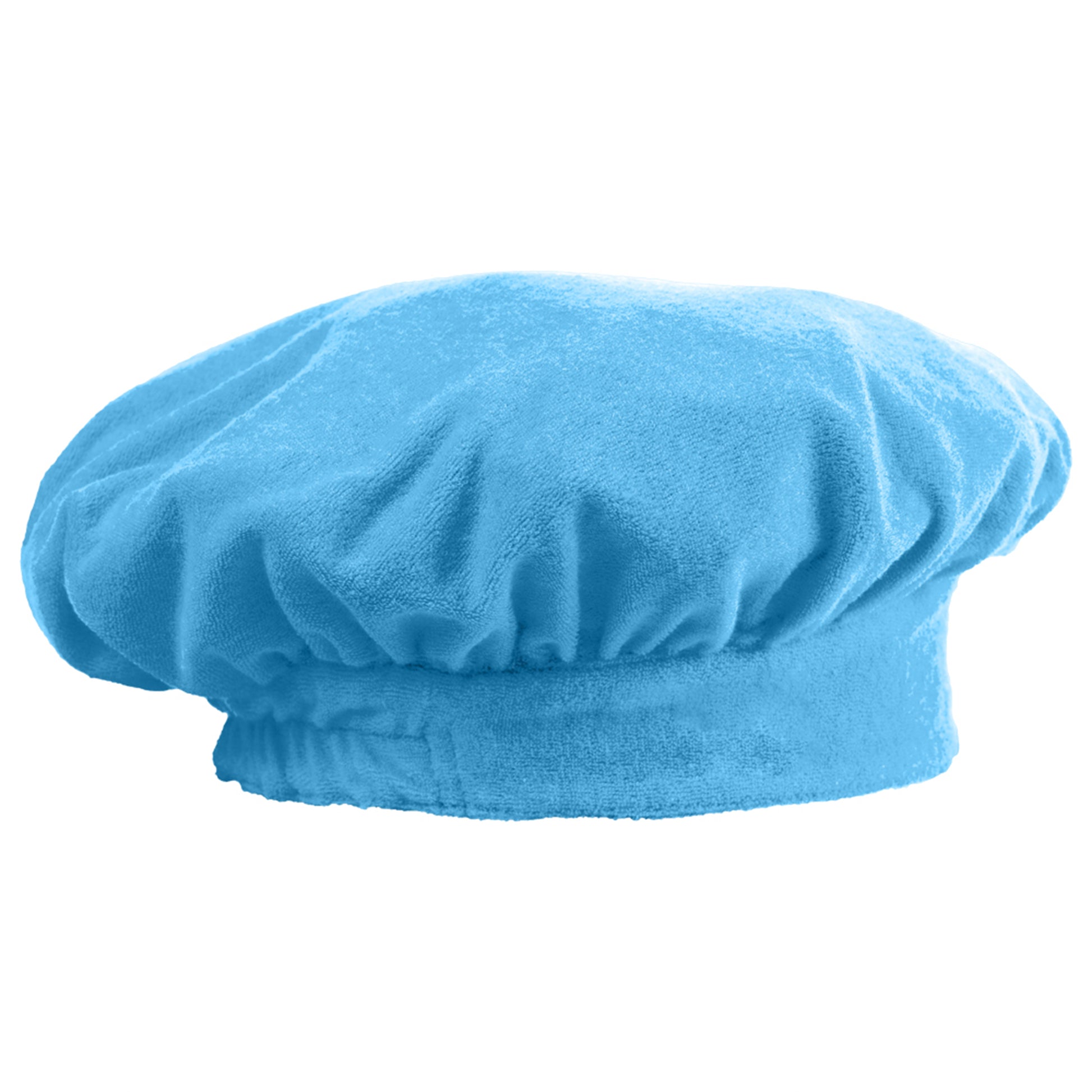 TIARA SHOWER CAP PAISLEY BLUE DESIGN REVERSED SHOWING THE TERRY CLOTH INSIDE. PATENTED PRODUCT 